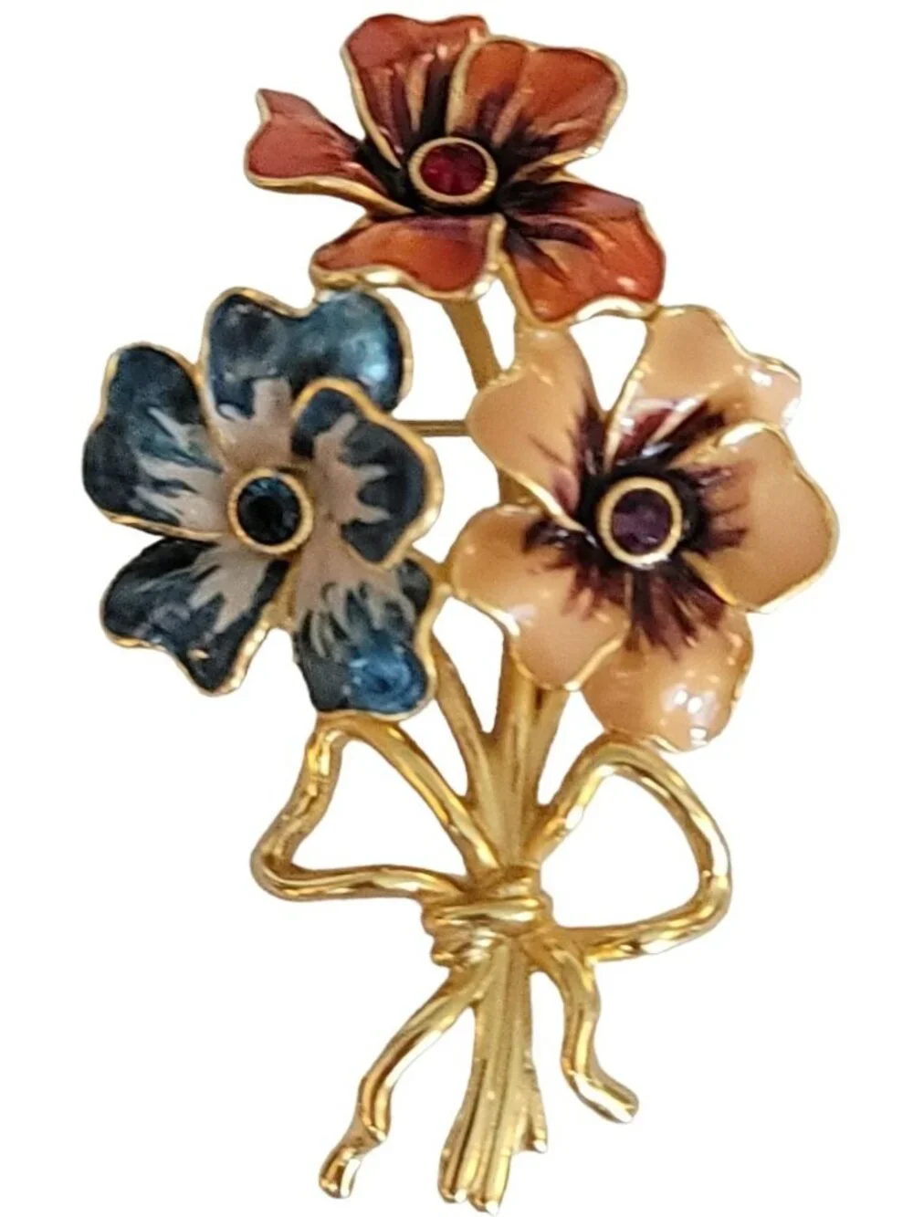 Joan Rivers Orange Red, Blue Enamel Rhinestone Flower Bunch Brooch, Signed K72